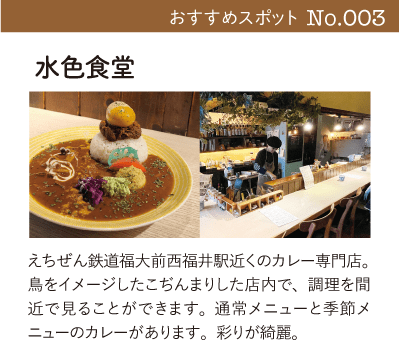 水色食堂｜えちぜん鉄道福大前西福井駅近くのカレー専門店。鳥をイメージしたこぢんまりした店内で、調理を間近で見ることができます。通常メニューと季節メニューのカレーがあります。彩りが綺麗。