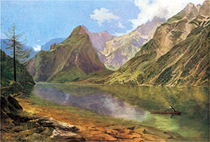シュティフターの絵画作品「ケーニッヒ湖よりヴァッツマン山を臨む」（1837年）